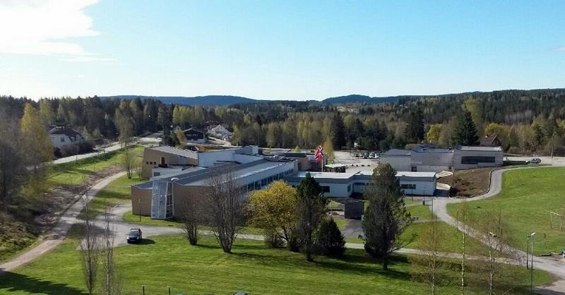 Oversiktsbilde av Eidskog ungdomsskole på flaggdag 08.mai - Klikk for stort bilde